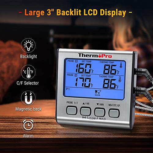 ThermoPro TP17 Termómetro Cocina Digital de Doble Sonda con Modo Temporizador Termómetros de Barbacoa con Grande Retroiluminación de LCD para BBQ Carne Alimentos Líquido Parrilla Horno