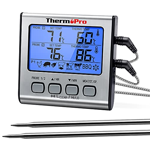 ThermoPro TP17 Termómetro Cocina Digital de Doble Sonda con Modo Temporizador Termómetros de Barbacoa con Grande Retroiluminación de LCD para BBQ Carne Alimentos Líquido Parrilla Horno