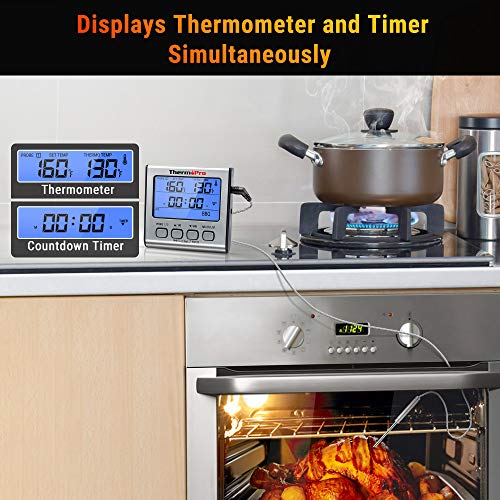 ThermoPro TP17 Termómetro Cocina Digital de Doble Sonda con Modo Temporizador Termómetros de Barbacoa con Grande Retroiluminación de LCD para BBQ Carne Alimentos Líquido Parrilla Horno