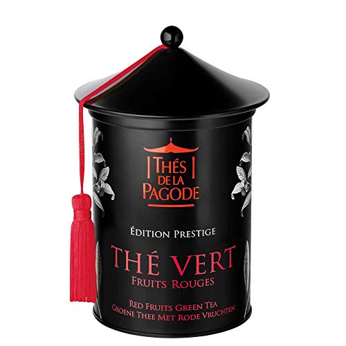 Thés de La Pagode - Té Verde de Frutos Rojos - Edición de Prestigio - Té Verde Sencha, Chun Mee y Mezcla de Pólvora para Té Caliente o Helado - Pagoda de Metal Caja de Frescura - 100 Gramos