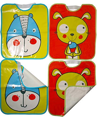 Ti TIN - Pack de 4 Baberos Impermeables para Bebé 100% Vinilo | Lote de 4 Baberos con Cierre con Goma Elástica para Bebés de Más de 1 Año, 32x35 cm