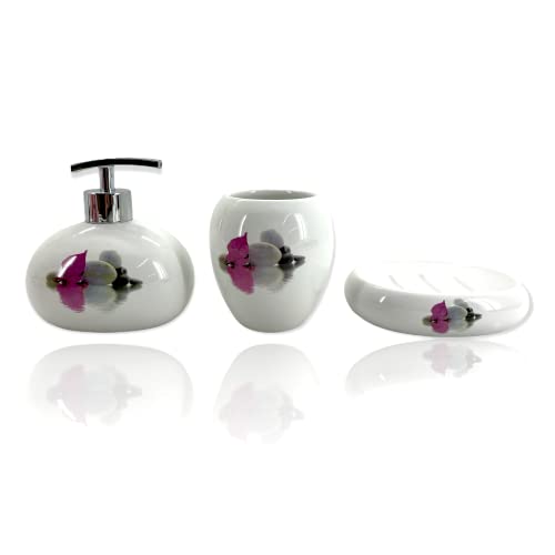 TIENDA EURASIA® Juego de 3 Accesorios de Baño - Diseño Estampado Zen - Fabricado en Ceramica - Dispensador de Jabon, Vaso Portacepillos y Jabonera (Zen Morado)