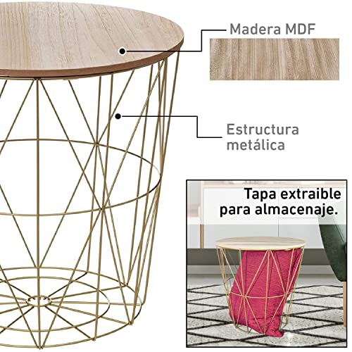 TIENDA EURASIA® Mesa Auxiliar Nordica - Mesas Auxiliares de Centro - Estructura Metalica y Tapa de Madera Extraible - Ideal para Combinar en Salones y Dormitorios (Gold, D 41 x H 40 cm)