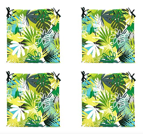 TIENDA EURASIA® Pack de 4 Cojines para Sillas - Estampado Selva Tropical - 2 Cintas de Sujeción - Ideal para Interiores y Exteriores - 40 x 40 x 3 cm (Verde)