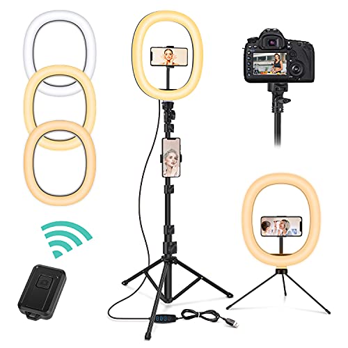 Tiikiy Anillo de Luz con Trípode, 10 Pulgadas LED Selfie Ring Light con Soporte para teléfono, 3 Colores y 10 Brillos, Luz de Anillo para Youtube/Tiktok/Live/Vlog/Maquillaje