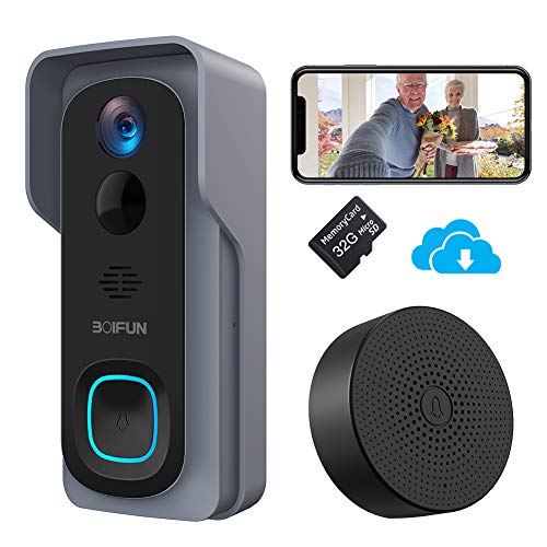 Timbre Inalámbrico con Cámara, BOIFUN HD 1080P Video Timbre Inteligente WiFi [Tarjeta SD 32G Instalada] Batería de 6700mAh, Visión Nocturna, Comunicación Bidireccional, IP66 Impermeable