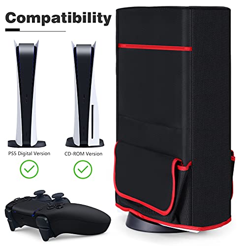 TiMOVO Cubierta Antipolvo para PlayStation 5, Funda Protectora Impermeable con Bolsillos Forro Suave Fácil Acceso para Consola Controladores Discos Juego Ediciones Digital y CD-ROM de PS5, Negro