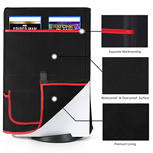 TiMOVO Cubierta Antipolvo para PlayStation 5, Funda Protectora Impermeable con Bolsillos Forro Suave Fácil Acceso para Consola Controladores Discos Juego Ediciones Digital y CD-ROM de PS5, Negro