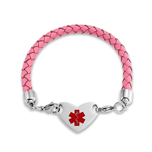 Tipo 2 Diabetes Identificación Médica Identificación ID Pulsera Rosa Trenzada Cuero para Mujeres Acero Inoxidable Personalizado Grabado