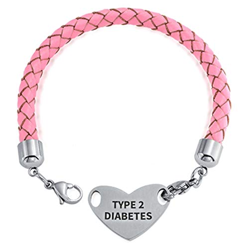 Tipo 2 Diabetes Identificación Médica Identificación ID Pulsera Rosa Trenzada Cuero para Mujeres Acero Inoxidable Personalizado Grabado