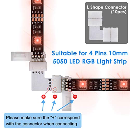 Tira de luces LED Conector, incluye Ángulo recto Conectores, 2 metros ligero Cable de extensión, 10mm Puentes de tira, 4 Pin Masculino Conectores, Accesorios para Bricolaje 5050 RGB Ligero (34 piezas)