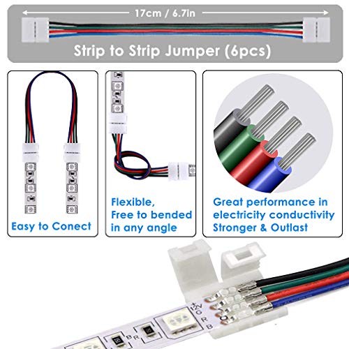 Tira de luces LED Conector, incluye Ángulo recto Conectores, 2 metros ligero Cable de extensión, 10mm Puentes de tira, 4 Pin Masculino Conectores, Accesorios para Bricolaje 5050 RGB Ligero (34 piezas)