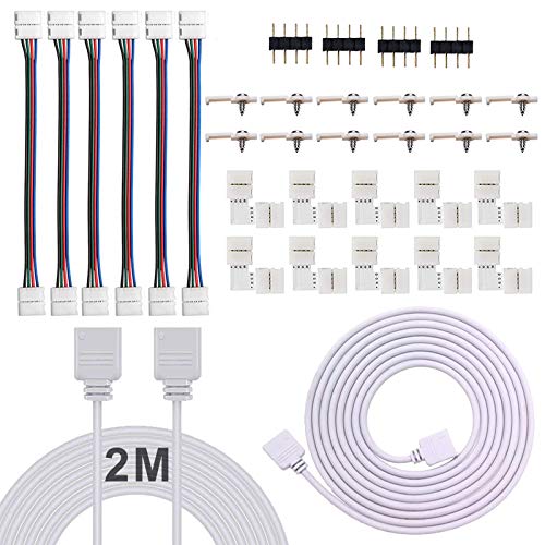 Tira de luces LED Conector, incluye Ángulo recto Conectores, 2 metros ligero Cable de extensión, 10mm Puentes de tira, 4 Pin Masculino Conectores, Accesorios para Bricolaje 5050 RGB Ligero (34 piezas)