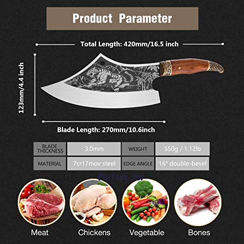 TIVOLI Cuchillo Chino de Chef Cuchillo de Cocina Cuchilla Afilada Cuchillo de Carnicero Hecho a Mano Cuchillo de Carnicero Premium con Funda de Cuero para Aire Libre/Cocina/Barbacoa/Caza