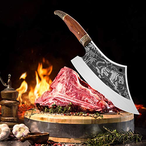 TIVOLI Cuchillo Chino de Chef Cuchillo de Cocina Cuchilla Afilada Cuchillo de Carnicero Hecho a Mano Cuchillo de Carnicero Premium con Funda de Cuero para Aire Libre/Cocina/Barbacoa/Caza