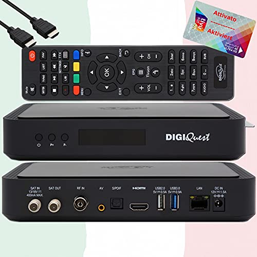 TiVuSat Tarjeta 4K UHD activada + DIGIQuest Q60 Combo 4K H.265 S2+T2 HEVC Set-Top Box, receptor TiVuSat certificado con tarjeta, reproductor multimedia, WebRadio, USB PVR, EasyMouse HDMI