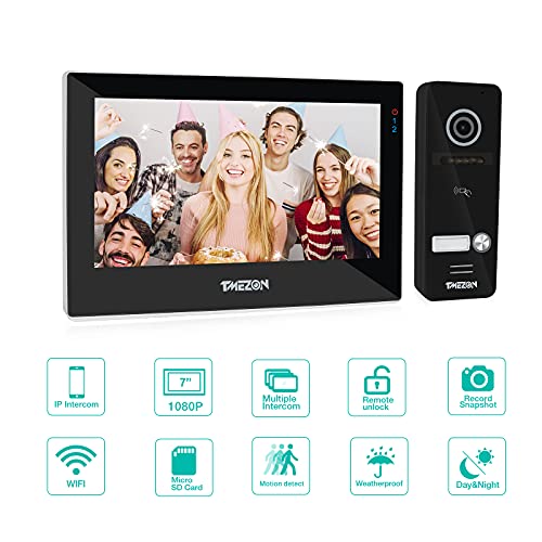 TMEZON 1080P WiFi IP Videoportero Sistema de intercomunicación,7 pantalla zoll y 1 timbre con cable,Desbloqueo por deslizamiento de aplicación/tarjeta, Instantánea/Grabación,tecnología de 4 cables