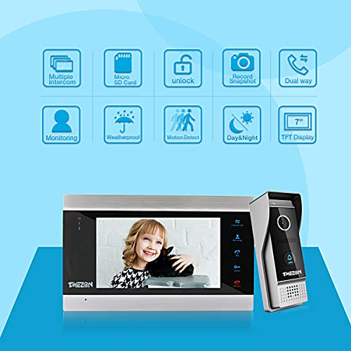 TMEZON Videoportero Timbre Video Sistema Intercomunicador, 2 Monitor 1080P 7 zoll y timbre con cable para 1 familia, tecnología de 4 cables ,Botón táctil, visión Nocturna, instantánea/grabación