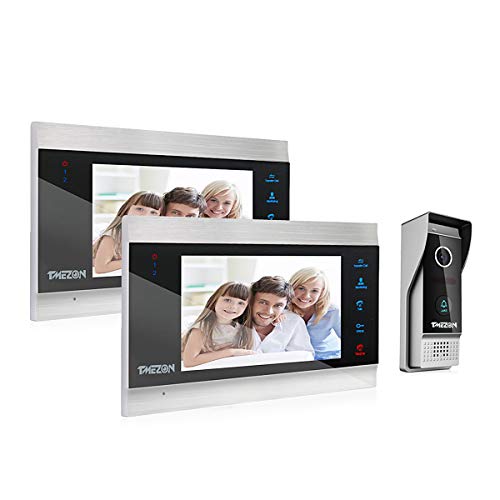 TMEZON Videoportero Timbre Video Sistema Intercomunicador, 2 Monitor 1080P 7 zoll y timbre con cable para 1 familia, tecnología de 4 cables ,Botón táctil, visión Nocturna, instantánea/grabación