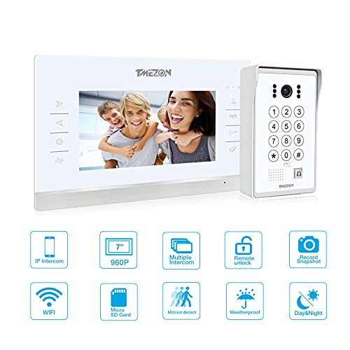 TMEZON WiFi IP Videoportero Sistema de intercomunicación,7 pantalla zoll y 1 timbre con cable, Desbloqueo de aplicación/contraseña/tarjeta/Monitor 4 en 1, Instantánea/Grabación,tecnología de 4 cables