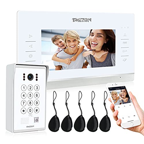 TMEZON WiFi IP Videoportero Sistema de intercomunicación,7 pantalla zoll y 1 timbre con cable, Desbloqueo de aplicación/contraseña/tarjeta/Monitor 4 en 1, Instantánea/Grabación,tecnología de 4 cables