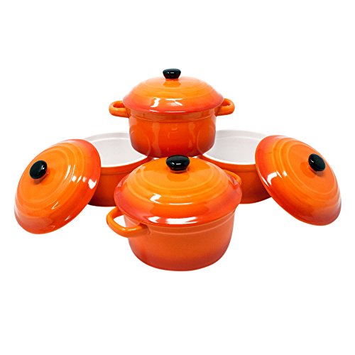 ToCi – Cacerolas con tapa | Mini cazuelas de horno de cerámica 300 ml | Moldes redondos de 10 x 5 cm de diámetro, naranja, rojo y en sets