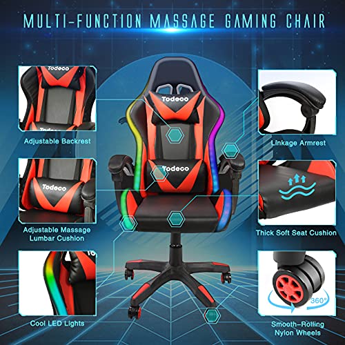 Todeco Gaming Silla Masaje con Luz LED Gamer Silla PC Oficina Silla Ordenador ergonómica Inclinación y Altura Ajustable Giratorio 360º con Reposacabezas y Almohadilla Lumbar De Masaje, Rojo