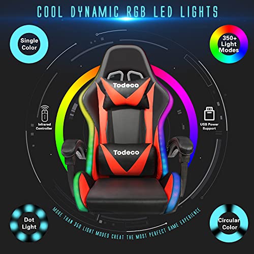 Todeco Gaming Silla Masaje con Luz LED Gamer Silla PC Oficina Silla Ordenador ergonómica Inclinación y Altura Ajustable Giratorio 360º con Reposacabezas y Almohadilla Lumbar De Masaje, Rojo