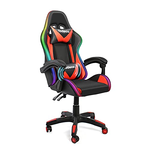 Todeco Gaming Silla Masaje con Luz LED Gamer Silla PC Oficina Silla Ordenador ergonómica Inclinación y Altura Ajustable Giratorio 360º con Reposacabezas y Almohadilla Lumbar De Masaje, Rojo