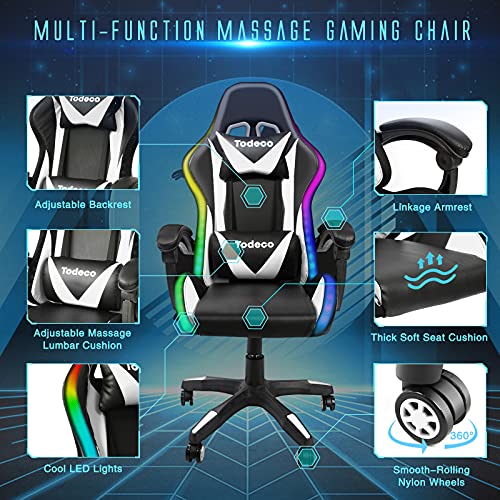 Todeco Gaming Silla Masaje con Luz LED Gamer Silla PC Oficina Silla Ordenador ergonómica Inclinación y Altura Ajustable Giratorio 360º con Reposacabezas y Almohadilla Lumbar De Masaje, Blanco