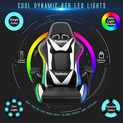 Todeco Gaming Silla Masaje con Luz LED Gamer Silla PC Oficina Silla Ordenador ergonómica Inclinación y Altura Ajustable Giratorio 360º con Reposacabezas y Almohadilla Lumbar De Masaje, Blanco