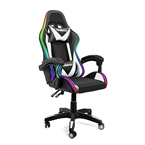 Todeco Gaming Silla Masaje con Luz LED Gamer Silla PC Oficina Silla Ordenador ergonómica Inclinación y Altura Ajustable Giratorio 360º con Reposacabezas y Almohadilla Lumbar De Masaje, Blanco