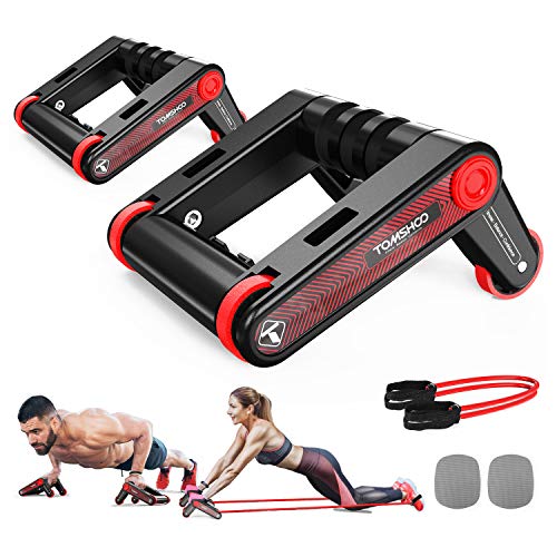 TOMSHOO 3 en 1 Rueda Abdominales y Soportes Flexiones, AB Rodillo Abdominales Rebote Automático y Plegable, con Bandas de Resistencia y Almohadilla para Rodilla para Fitness y Ejercicios