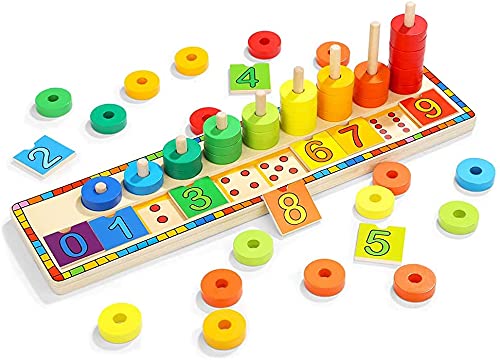 TOP BRIGHT Juego Educativo Montessori - Puzzle de Numeros, Anillos y Bloques de Madera Apilables para Niños de 3 años – Juguete de Iniciación a Las Matemáticas, Lógica y Desarrollo Cognitivo