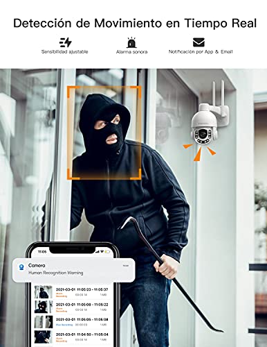 Topcony 5MP Camara Vigilancia WiFi Exterior, 1920P Metálica IP Camara con Crucero Automático,4X Zoom óptico,PTZ, Visión Nocturna de 50M, Detección de Movimiento, Audio de 2 Vias, Soporte Onvif2.4