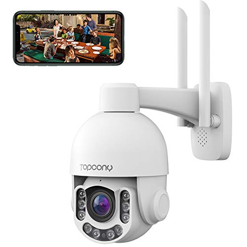 Topcony 5MP Camara Vigilancia WiFi Exterior, 1920P Metálica IP Camara con Crucero Automático,4X Zoom óptico,PTZ, Visión Nocturna de 50M, Detección de Movimiento, Audio de 2 Vias, Soporte Onvif2.4