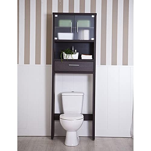 Topkit | Mueble Baño sobre Inodoro | Estanteria de Baño Gala 8950 | Medidas 194x65x25cm| Puertas de Cristal translúcido Templado | Accesorios baño sin Taladro| Columna Auxliar de Baño| Wengue