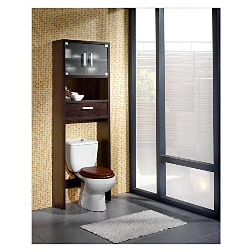 Topkit | Mueble Baño sobre Inodoro | Estanteria de Baño Gala 8950 | Medidas 194x65x25cm| Puertas de Cristal translúcido Templado | Accesorios baño sin Taladro| Columna Auxliar de Baño| Wengue