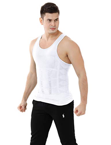 TopTie Faja Reductora de Hombre, Camiseta Interior de Tirantes elástica, Chaleco Adelgazar para Hombre, Camisetas de Compresión, Color Blanco-M