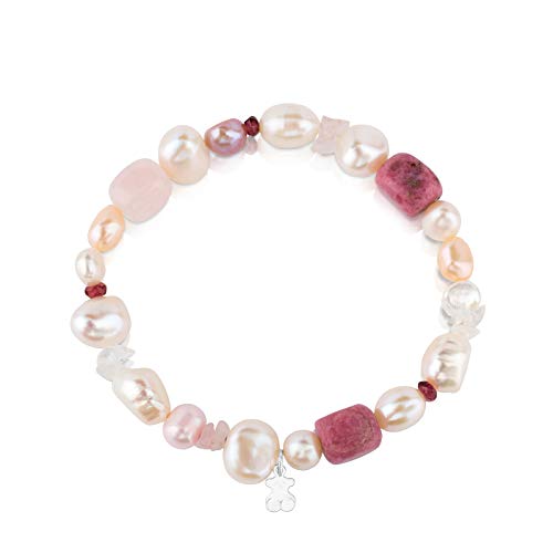 TOUS Pearls - Pulsera de Plata de Primera Ley, Perlas, Granates y Rodocrositas - 17,5 cm de Longitud