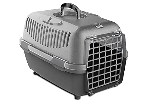 Transportín para Perro y Gato Pequño 48x32x32CM, Caja de Transporte, Plástico, Puerta de Acero plastificado, Rejillas de ventilación (48 * 32 * 32 CM, Gris Claro)