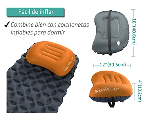 Trekology Almohada de Camping y Viaje Inflable Ultraligera – ALUFT 2.0 Comprimible, compacta, cómoda, Almohada Hinchable ergonómica para el Cuello y el Apoyo Lumbar para IR de Camping