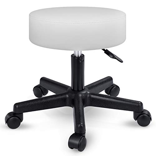 TRESKO Taburete con Ruedas Taburete Giratorio cosmético de Trabajo Consulta, Regulable en Altura, Giratorio en 360°, con Asiento Acolchado de 10 cm y 8 Variantes de Colores (Blanco)