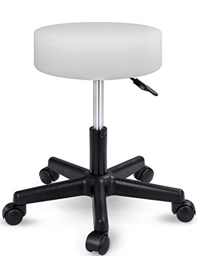 TRESKO Taburete con Ruedas Taburete Giratorio cosmético de Trabajo Consulta, Regulable en Altura, Giratorio en 360°, con Asiento Acolchado de 10 cm y 8 Variantes de Colores (Blanco)