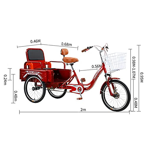 Triciclo Tricycle Bicicletas De 3 Ruedas Triciclo Para Adultos Bicicletas De Tres Ruedas Asiento Cómodo, Frenos Delanteros Y Traseros Doble Frenos, Bicicletas De Montaña Para H(Size:20Inch,Color:rojo)