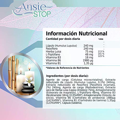 Triptófano con pasiflora para combatir los síntomas del estrés y la ansiedad | Acaba con el nerviosismo y facilita y fomenta el descanso | Propiedades antiestrés y relajantes naturales | 30 unidades