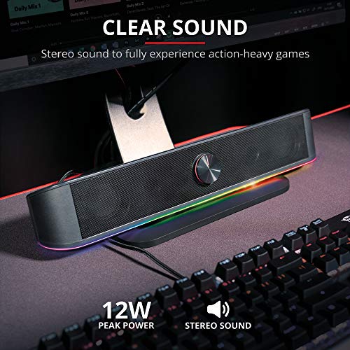 Trust Gaming Barra de Sonido con Iluminación RGB GXT 619 Thorne - Altavoces PC Gaming Estéreo 2.0, 12 W, Alimentación USB, 3,5 mm Jack, para PC, Ordenador Portátil, TV - Negro