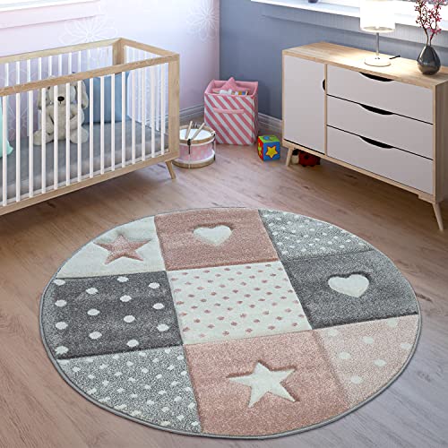 TT Home Alfombra Infantil De Juego Cuadros Puntos Estrella Luna Pastel Rosa Blanco Gris, Tamaño:140x200 cm