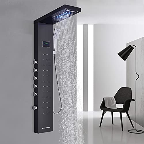 TVTIUO LED Panel de Ducha Columna de Hidromasaje Ducha,con ducha de mano,Boquillas de Masaje,Grifo de bañera,LCD Multifunción Sistema de Ducha,Negro