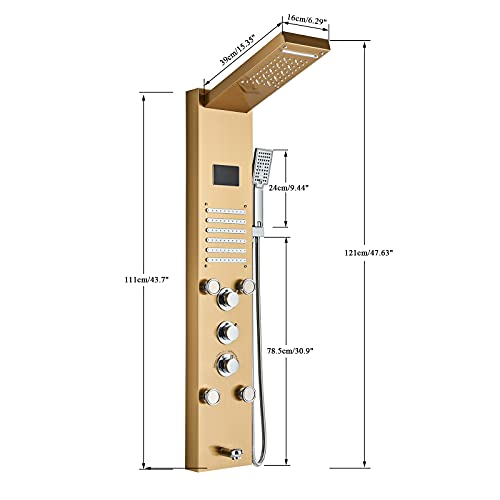 TVTIUO LED Panel de Ducha dorado con Pantalla LCD Columna Ducha Acero Inoxidable para Baño 5 Salida de Agua Multifunción Sistema de Ducha Montaje en Pared